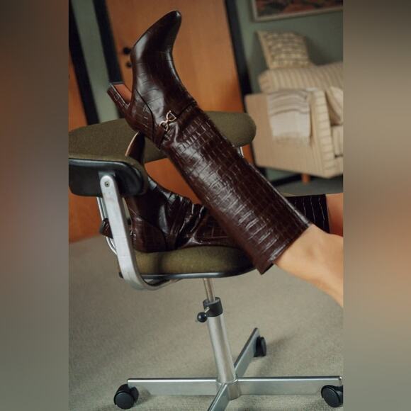 ROUJE PARIS Loana Croco Chocolat Heeled Riding Boots 37 - Picture 2 of 14